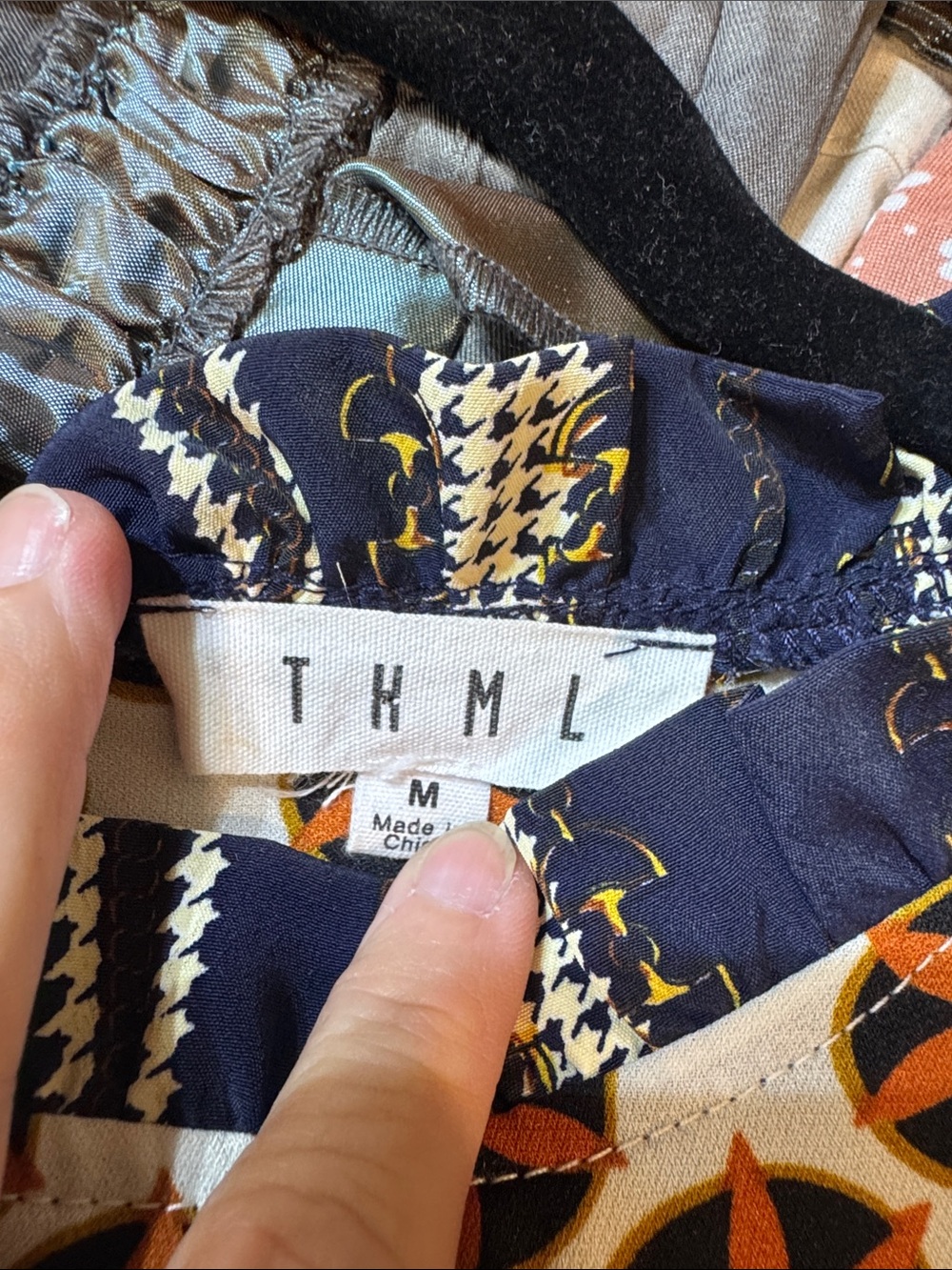 Navy & Orange Patterned Ruffle-Yoke Blouse - Picture 3 of 4